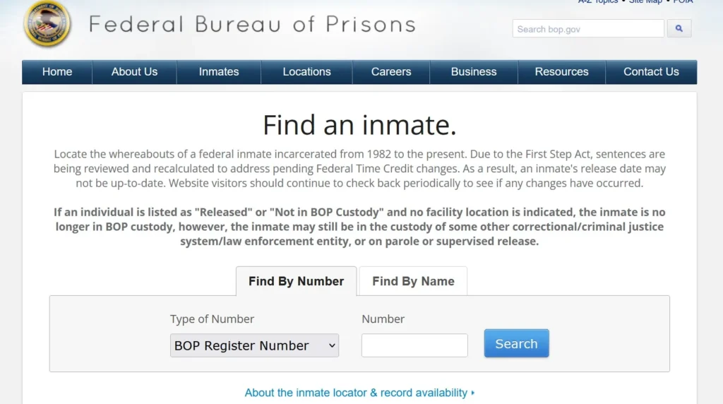 Federal inmate search using BOP Number
